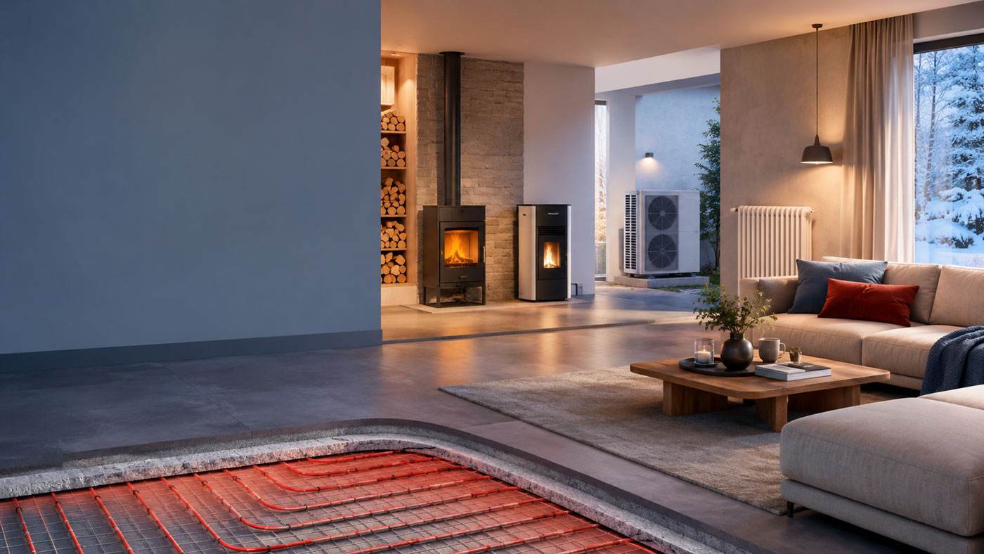 Ambiente interior com radiador e equipamento de aquecimento central